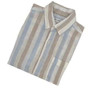 Porter & Ash Mens Striped‎ 100% Linen Short Sleeve Button Up Shirt Size Medium